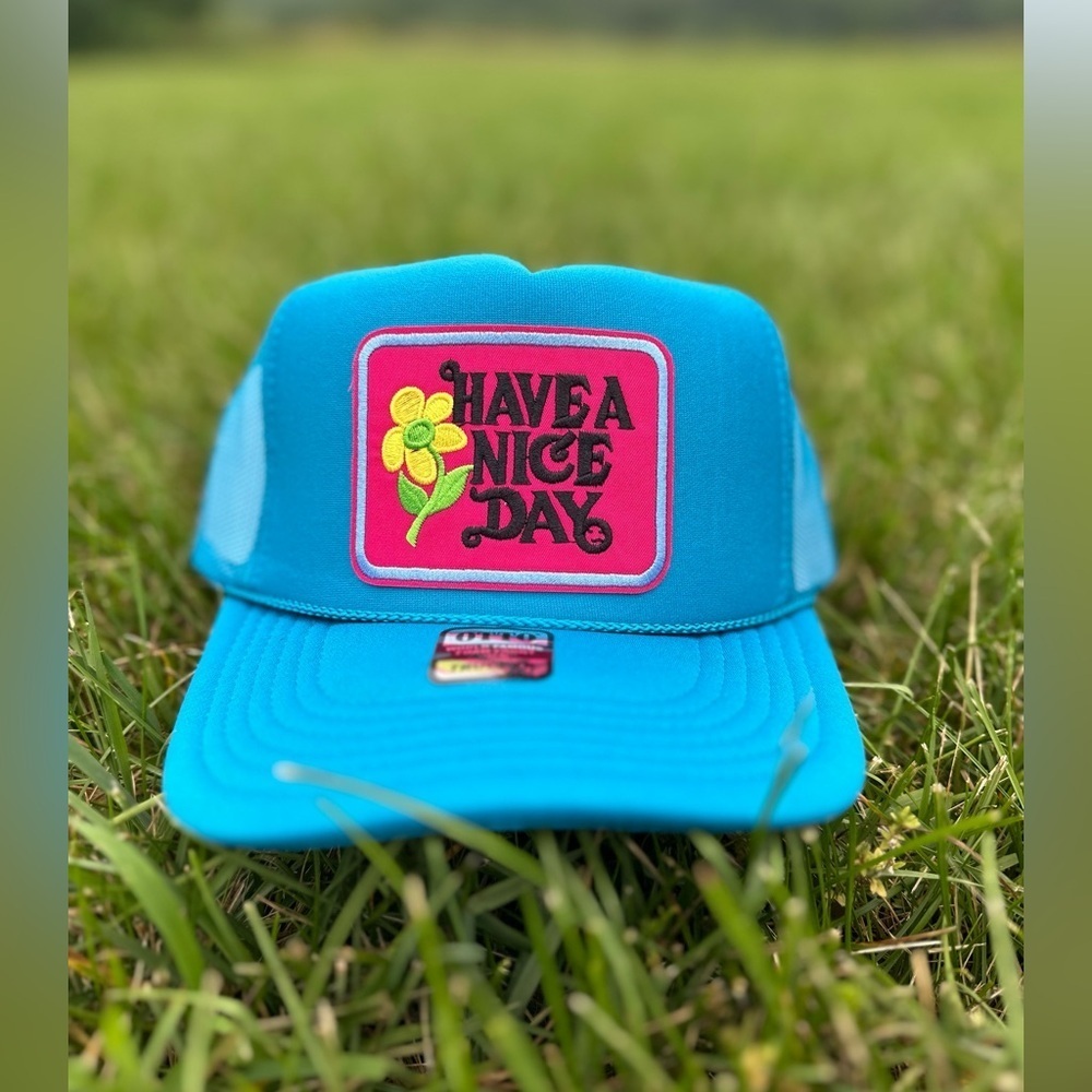 NEW “have a nice day” SnapBack / trucker hat - pink and turquoise with hat - Picture 3 of 4